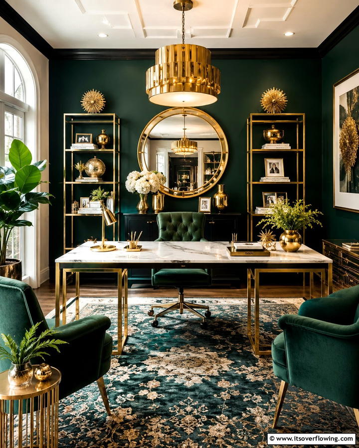 Dark Green and Gold Accents - 30 Rich Dark Green Home Office Designs for a Focused Workspace