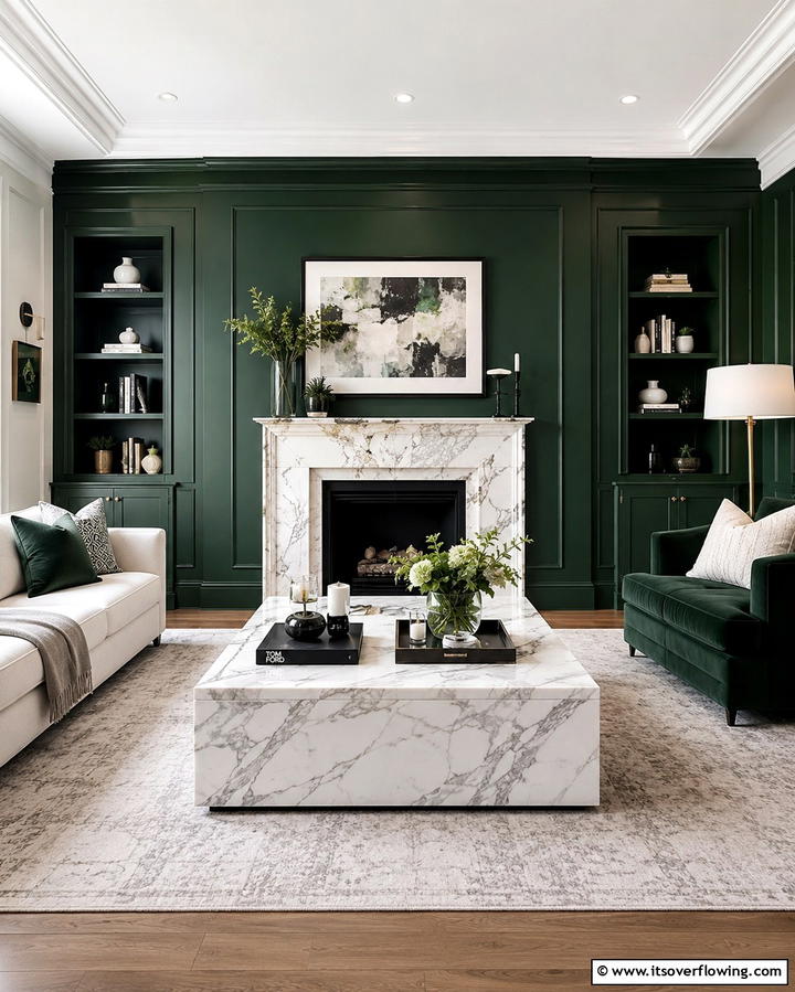 Dark Green and Marble Combination - 30 Rich Dark Green Living Room Designs for Cozy Elegance