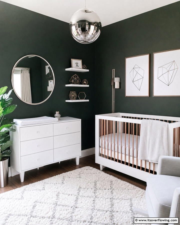 Dark Green and Metallic Highlights - 20 Dark Green Nursery Ideas for a Calming Space