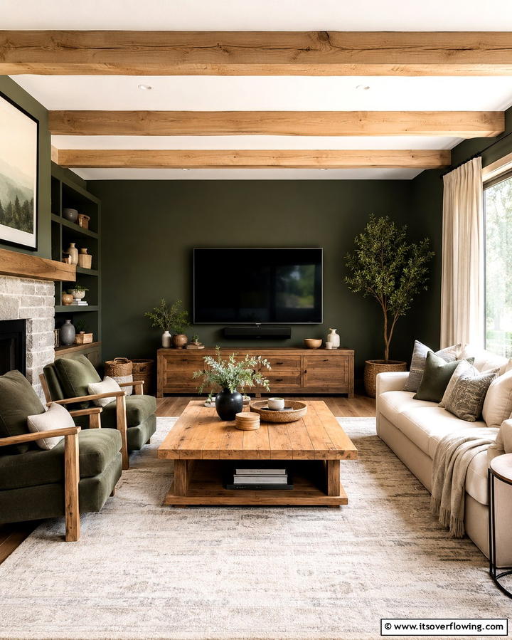 Dark Green and Natural Wood Pairing - 30 Rich Dark Green Living Room Designs for Cozy Elegance
