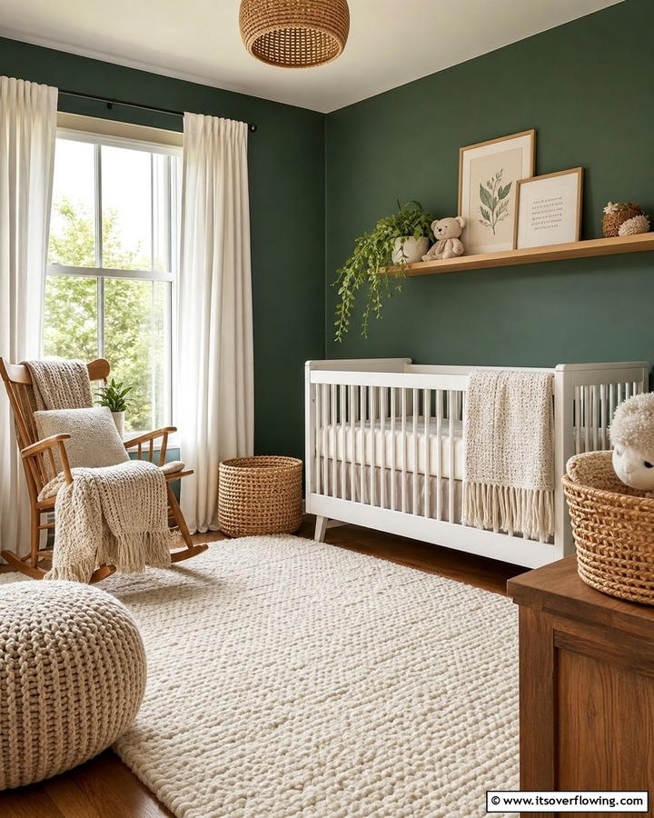Dark Green and Neutral Textiles - 20 Dark Green Nursery Ideas for a Calming Space