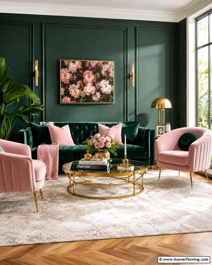 Dark Green and Pink Pairing - 30 Rich Dark Green Living Room Designs for Cozy Elegance