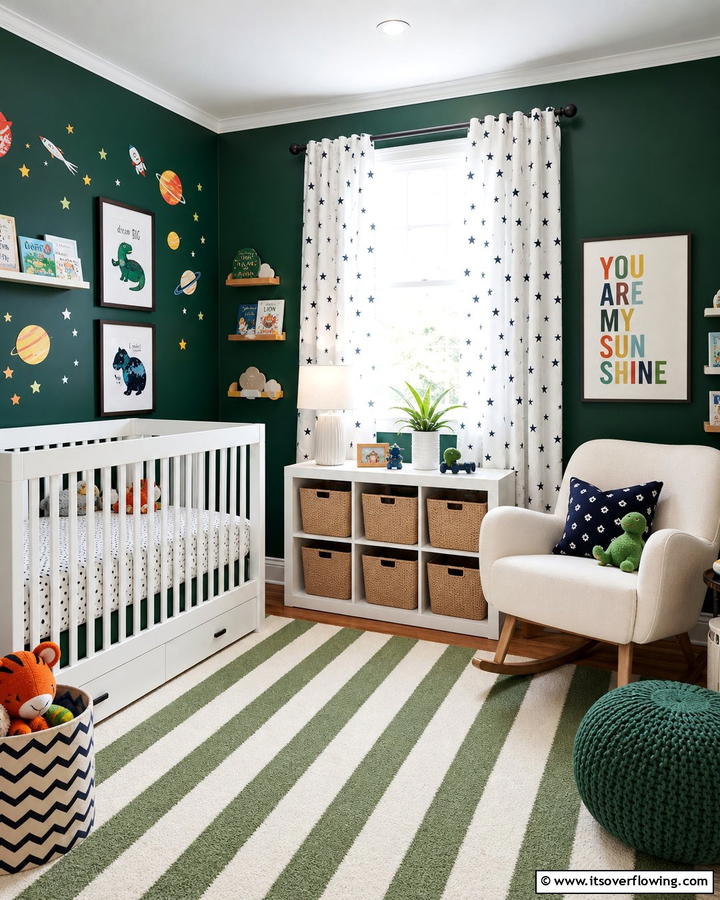 Dark Green and Playful Patterns - 20 Dark Green Nursery Ideas for a Calming Space