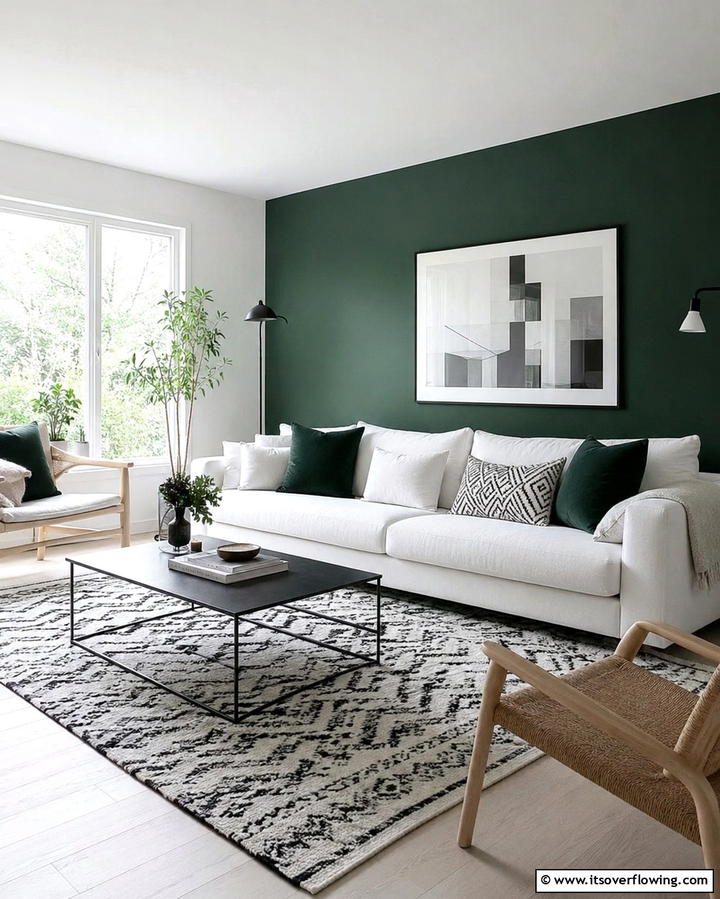 Dark Green and White Contrast - 30 Rich Dark Green Living Room Designs for Cozy Elegance