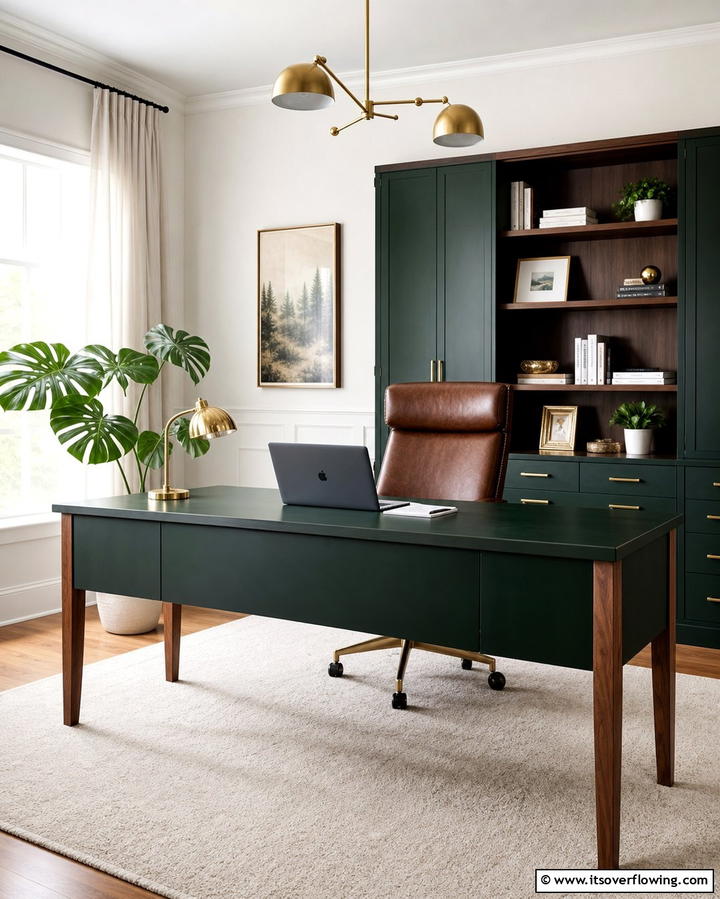 Dark Green and Wood Desk Combo - 25 Dark Green Office Ideas for a Sophisticated Look