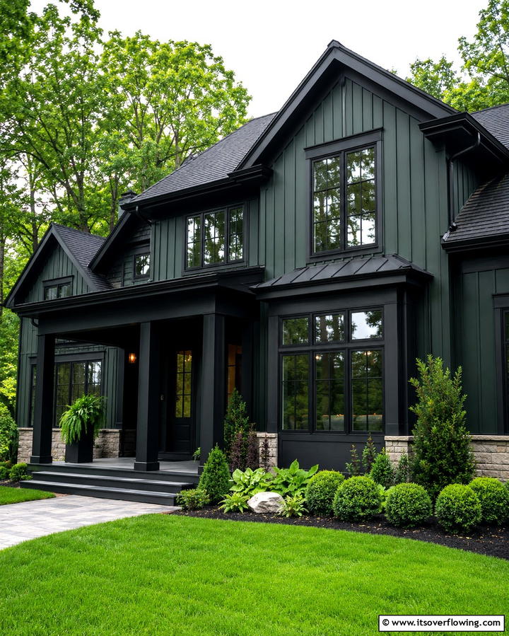 Dark Green for a Dramatic Effect - 25 Green House Exterior With Black Trim Ideas