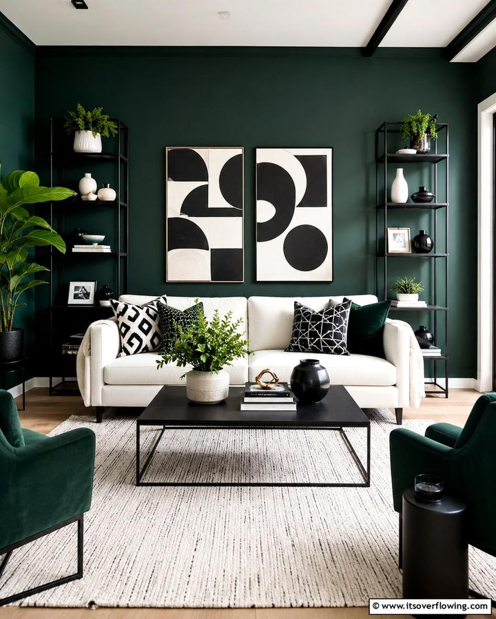 Dark Green with Black and White Accents - 30 Rich Dark Green Living Room Designs for Cozy Elegance