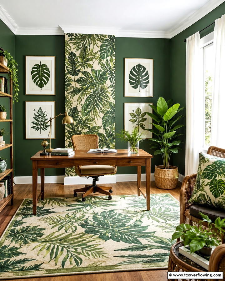 Dark Green with Botanical Prints - 30 Rich Dark Green Home Office Designs for a Focused Workspace