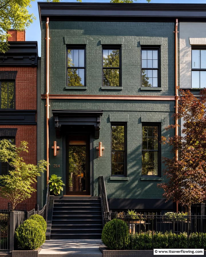 Dark Green with Copper Accents - 30 Green Brick Exterior Home Design Ideas for Modern Houses