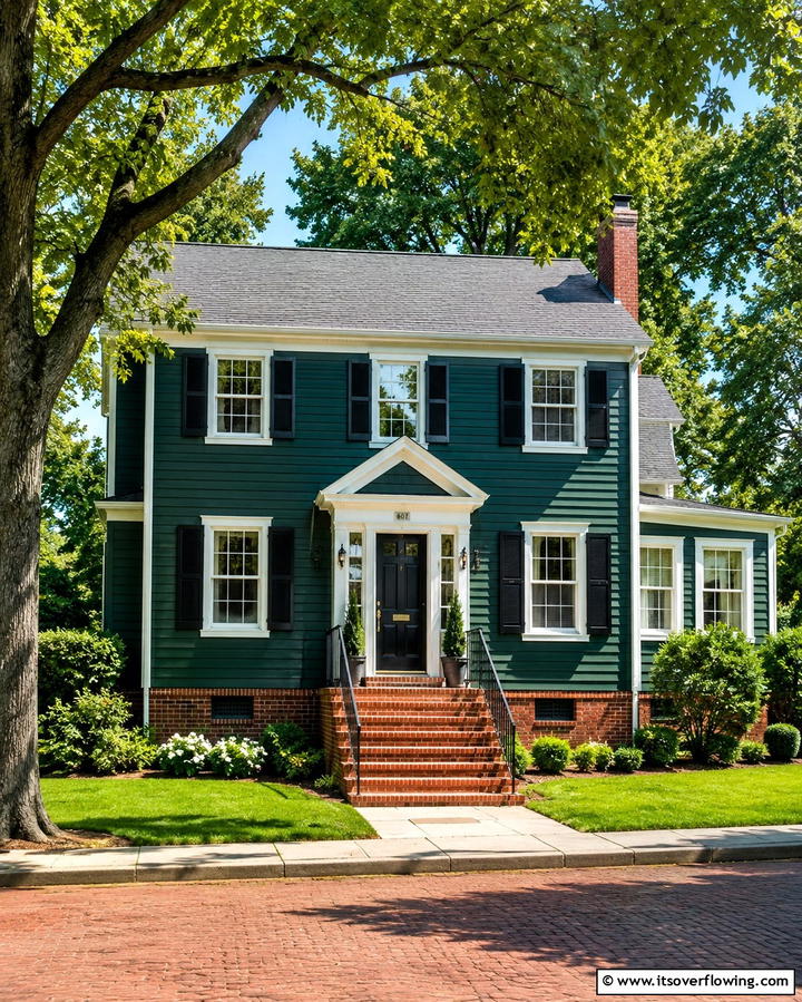 Dark Green with Red Brick Accents - 30 Stunning Dark Green Exterior House Designs for Curb Appeal