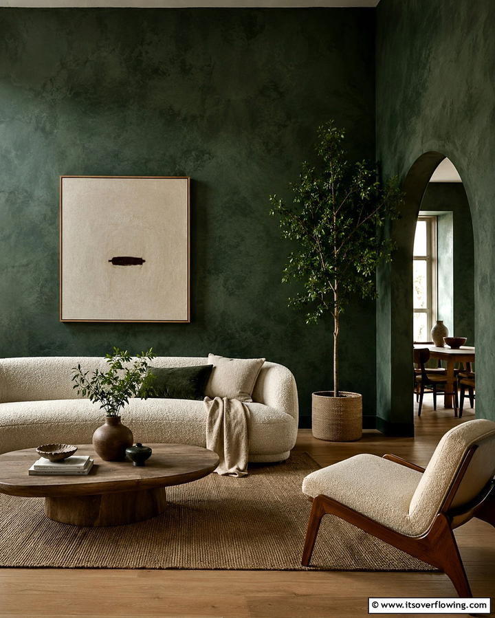 Dark Green with Textured Walls - 30 Rich Dark Green Living Room Designs for Cozy Elegance