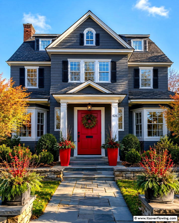 Dark Grey with Bold Red Door - 25 Dark Grey House Exterior Ideas for a Bold Statement