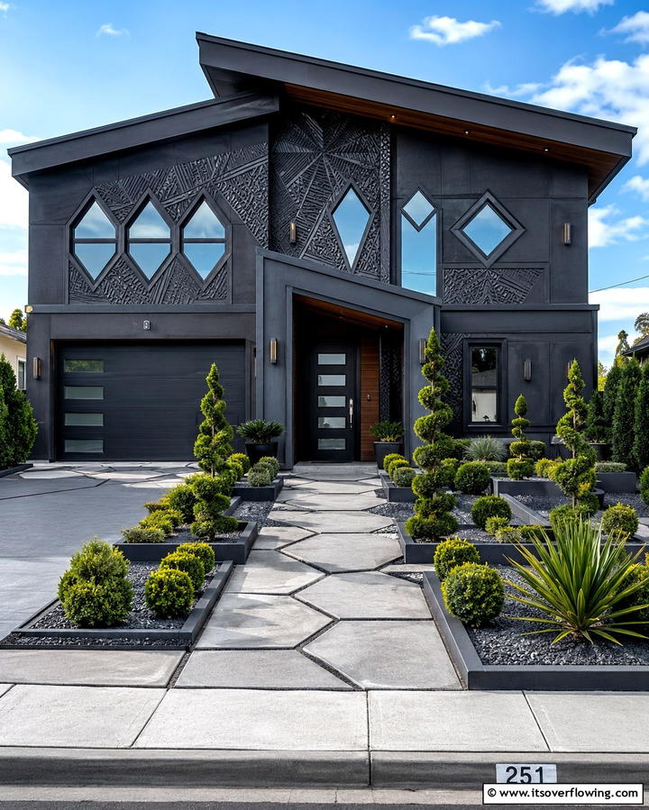 Dark Grey with Geometric Patterns - 25 Dark Grey House Exterior Ideas for a Bold Statement