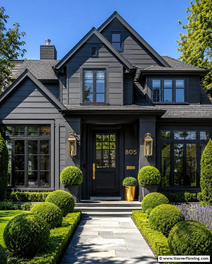 Dark Grey with Gold Hardware - 25 Dark Grey House Exterior Ideas for a Bold Statement