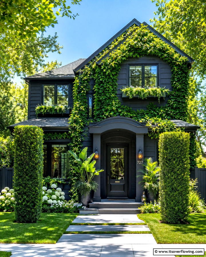 Dark Grey with Greenery Accents - 25 Dark Grey House Exterior Ideas for a Bold Statement