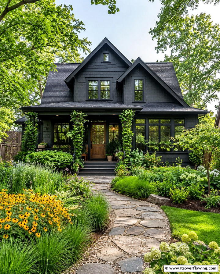 Dark Grey with Greenery Focused Landscaping - 25 Dark Grey House Exterior Ideas for a Bold Statement