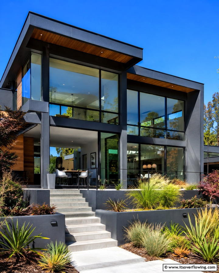 Dark Grey with Large Glass Windows - 25 Dark Grey House Exterior Ideas for a Bold Statement