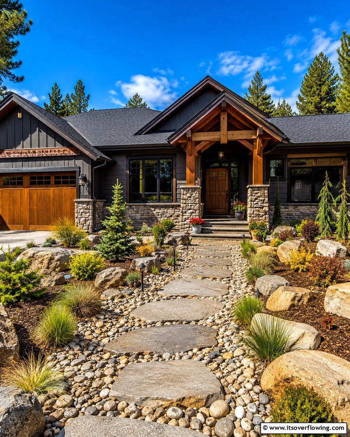 Dark Grey with Natural Stone Accents - 25 Dark Grey House Exterior Ideas for a Bold Statement
