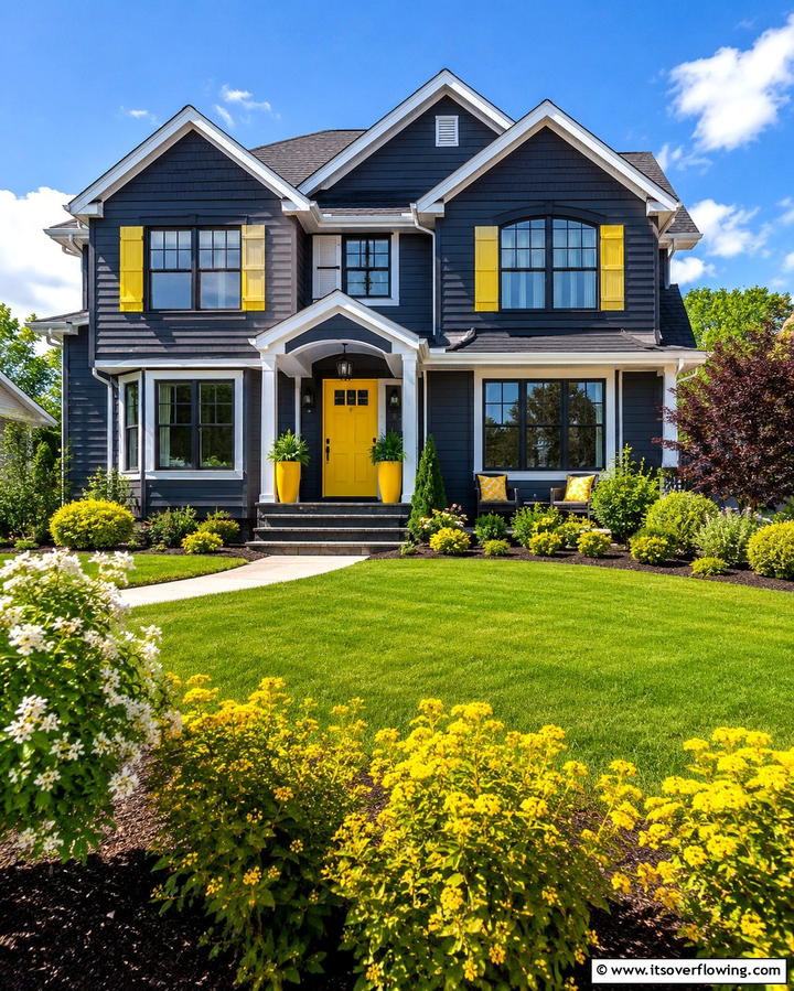 Dark Grey with Pops of Bright Yellow - 25 Dark Grey House Exterior Ideas for a Bold Statement