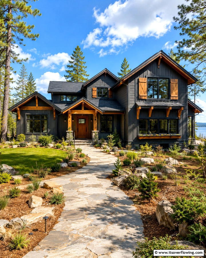 Dark Grey with Stone Detailing - 25 Dark Grey House Exterior Ideas for a Bold Statement