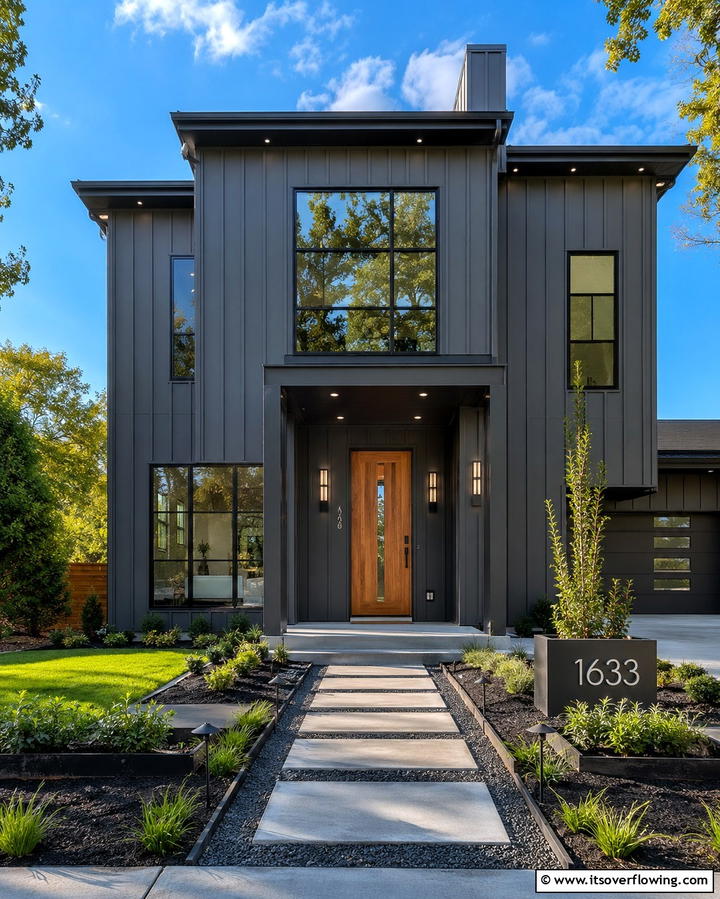 Dark Grey with Vertical Siding - 25 Dark Grey House Exterior Ideas for a Bold Statement