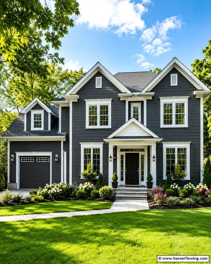 Dark Grey with White Trim Accents - 25 Dark Grey House Exterior Ideas for a Bold Statement