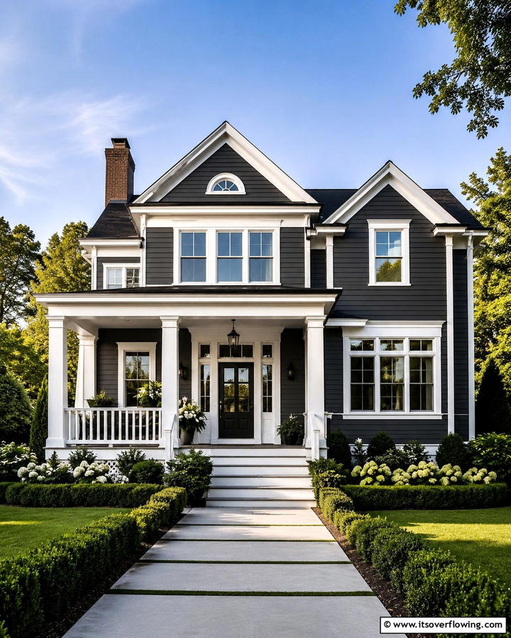 Dark Grey with White Trim - 25 Dark Grey House Exterior Ideas for a Bold Statement