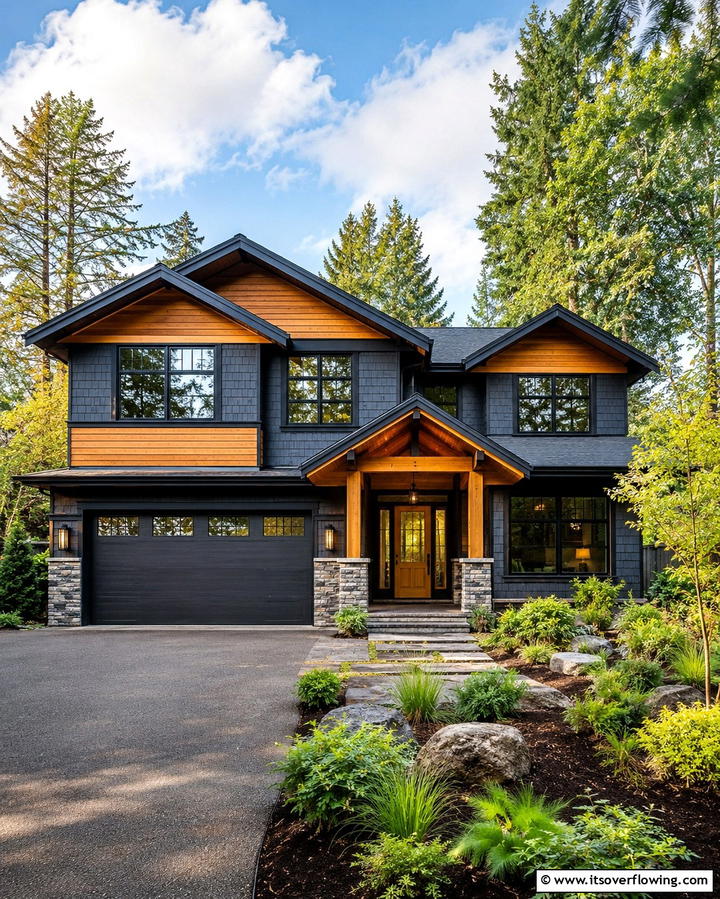 Dark Grey with Wood Paneling - 25 Dark Grey House Exterior Ideas for a Bold Statement