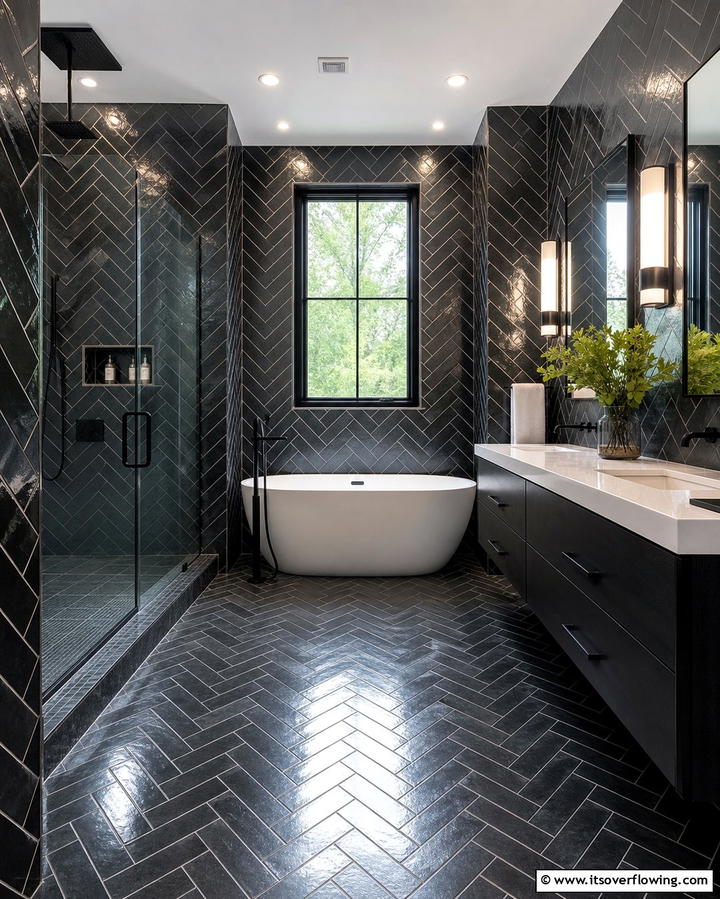 Dark Herringbone Tiles - 25 Dark Bathroom Ideas for Moody and Chic Spaces