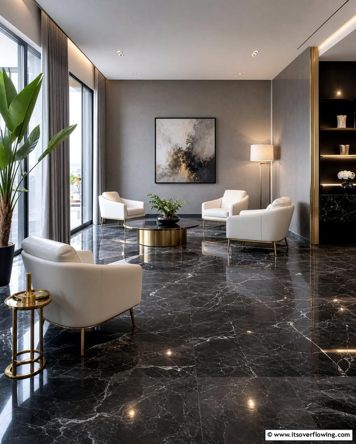 Dark Marble for Bold Statements - 25 Marble Floor Living Room Ideas for a Luxurious Space