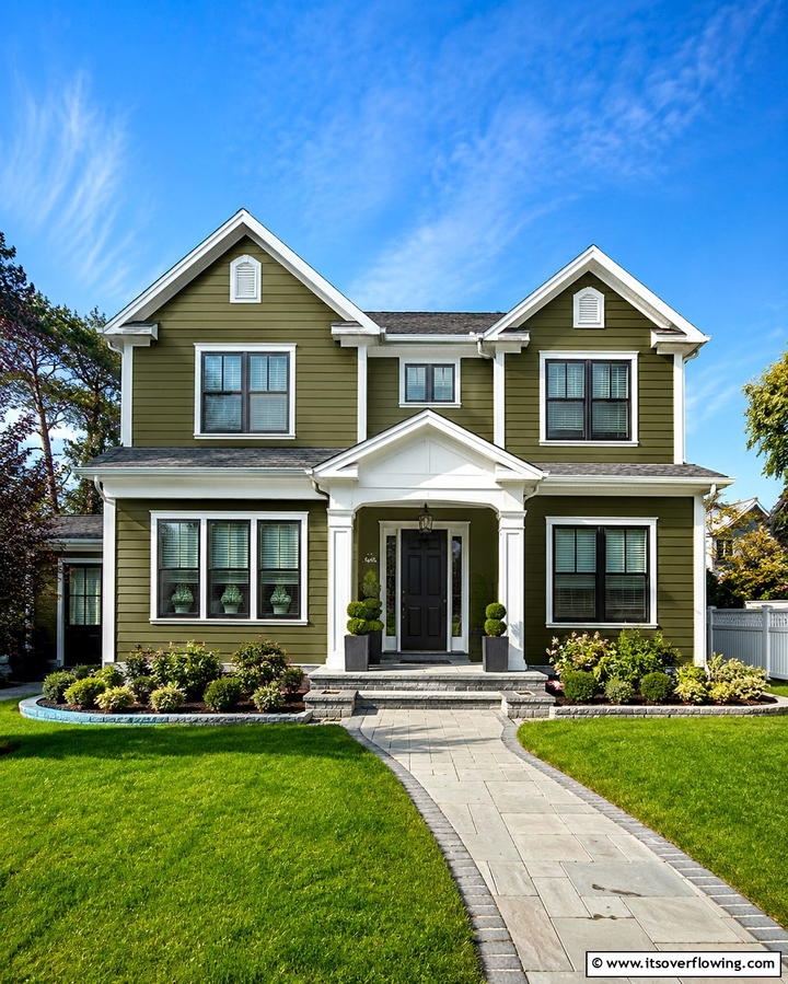 Dark Olive Green Exterior with White Trim - 25 Dark Olive Green House Designs for a Modern Look