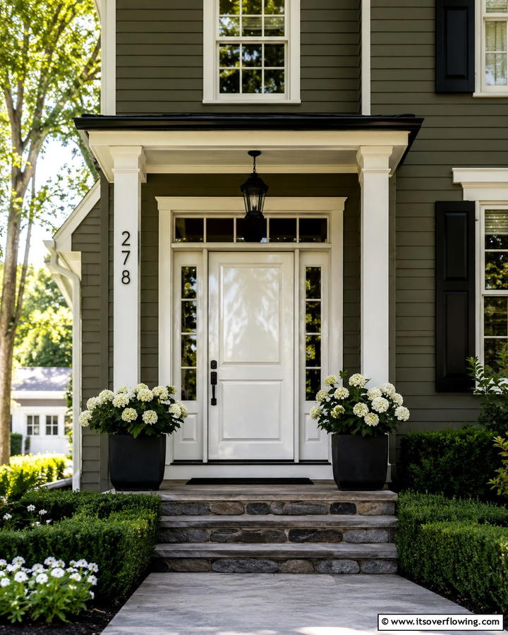Dark Olive Green with Glossy White Doors - 25 Dark Olive Green House Designs for a Modern Look