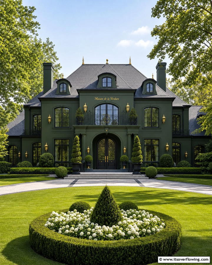 Dark Olive Green with Gold Accents - 25 Olive Green House Exterior Ideas for a Fresh and Natural Look