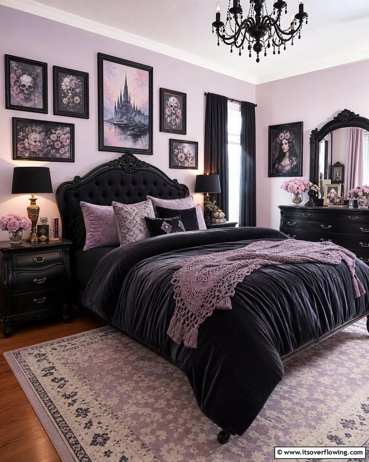 Dark Picture Frames with Pastel Art - 20 Pastel Goth Bedroom Ideas for a Unique Aesthetic