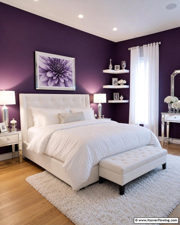 Dark Purple Walls with Bright White Bedding - 17 Purple Bedroom Ideas for Dreamy and Creative Spaces