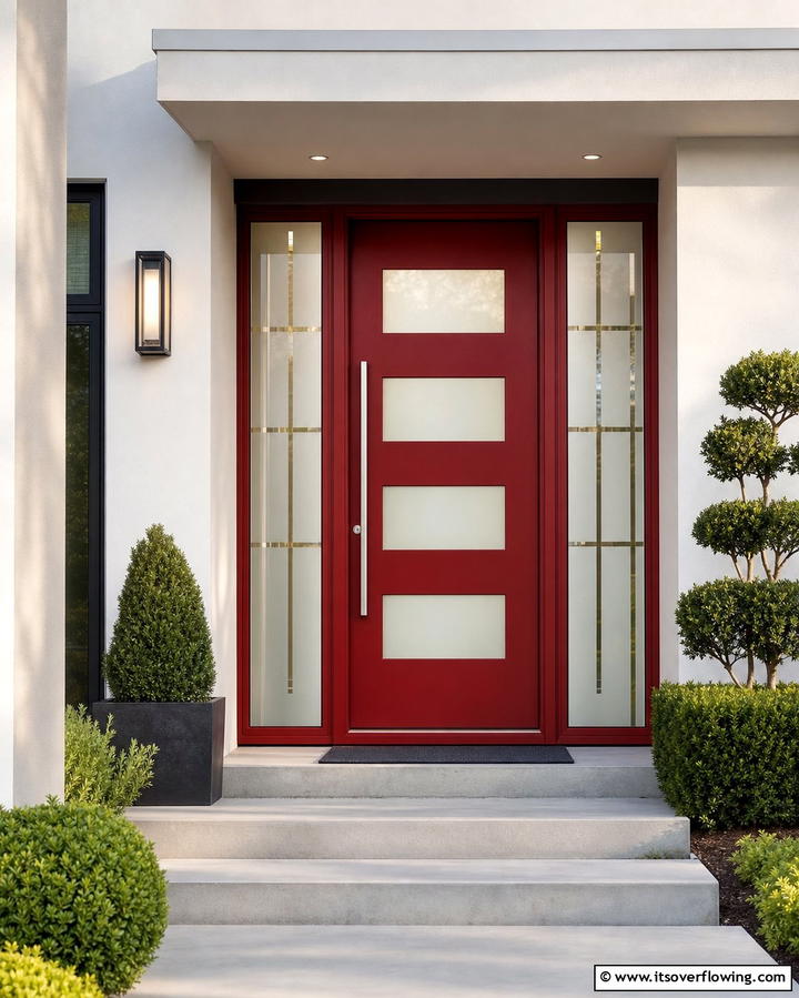 Dark Red Door with Frosted Glass Panels - 25 Dark Red Front Door Ideas for a Bold Entrance
