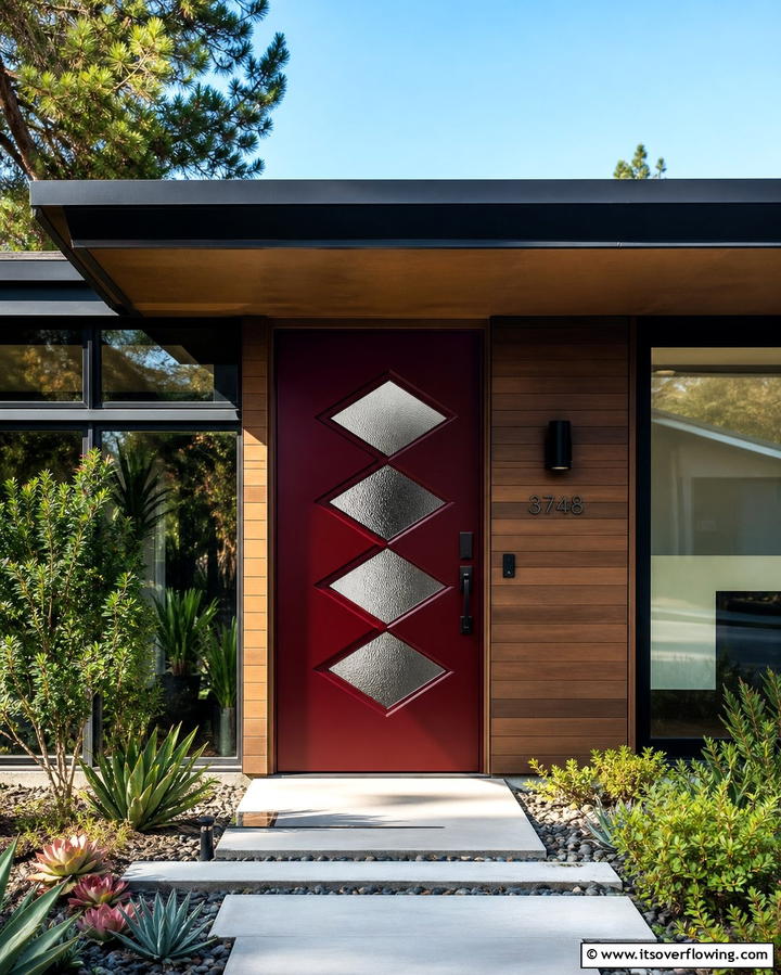 Dark Red Door with Geometric Glass Inserts - 25 Dark Red Front Door Ideas for a Bold Entrance