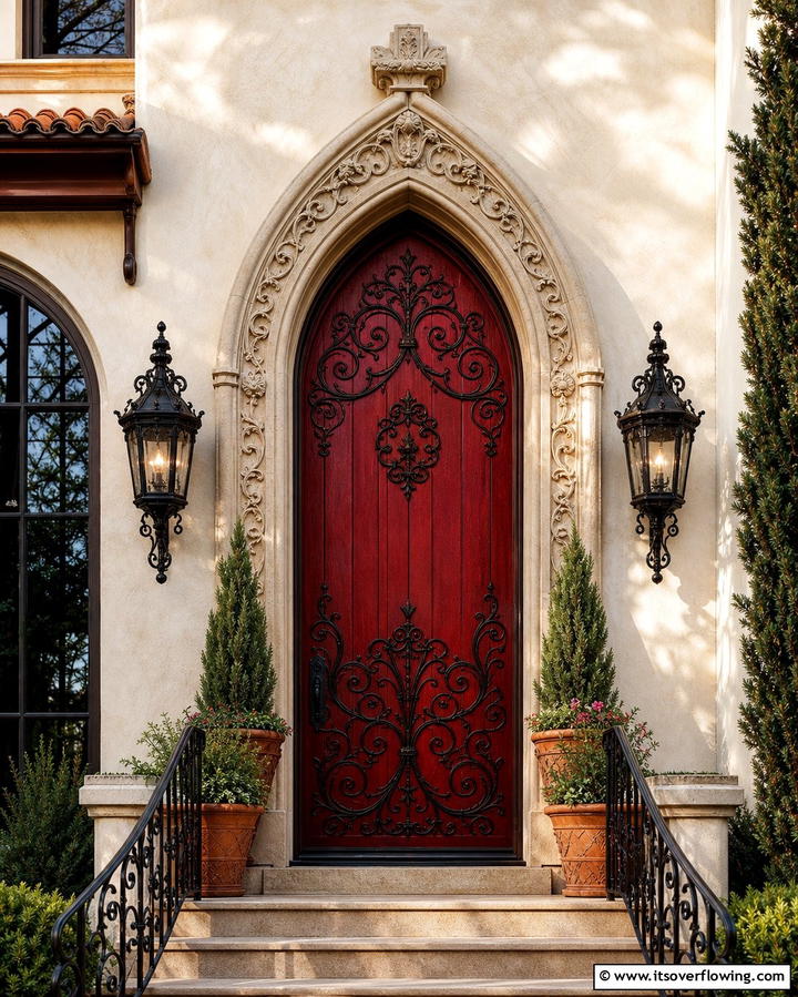 Dark Red Door with Ornate Ironwork - 25 Dark Red Front Door Ideas for a Bold Entrance