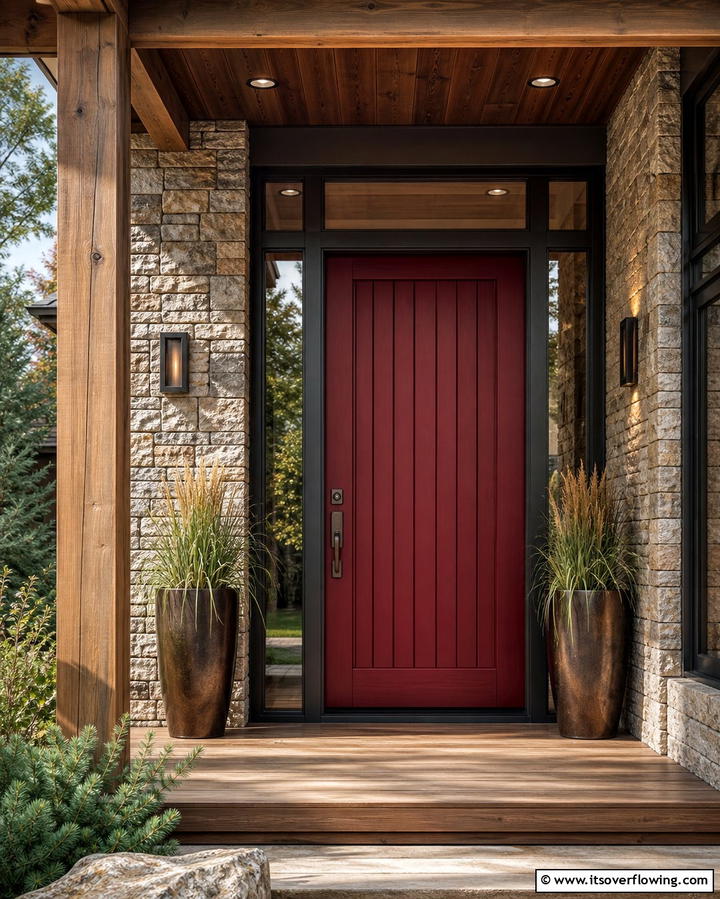 Dark Red Door with Vertical Wood Panels - 25 Dark Red Front Door Ideas for a Bold Entrance