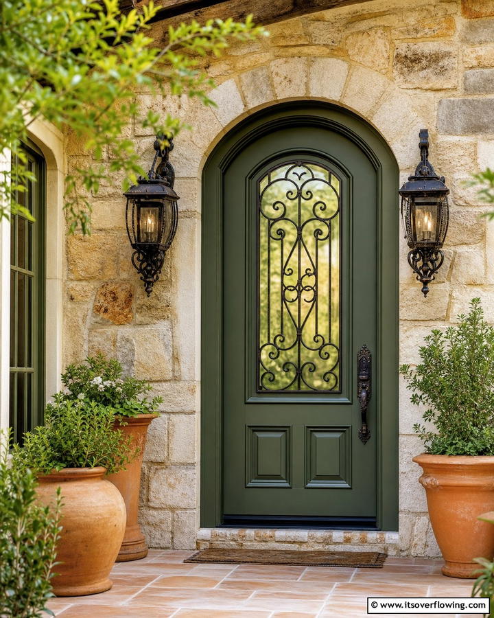 Dark Sage Green Door with Wrought Iron Details - 20 Stunning Dark Green Front Door Ideas for Curb Appeal