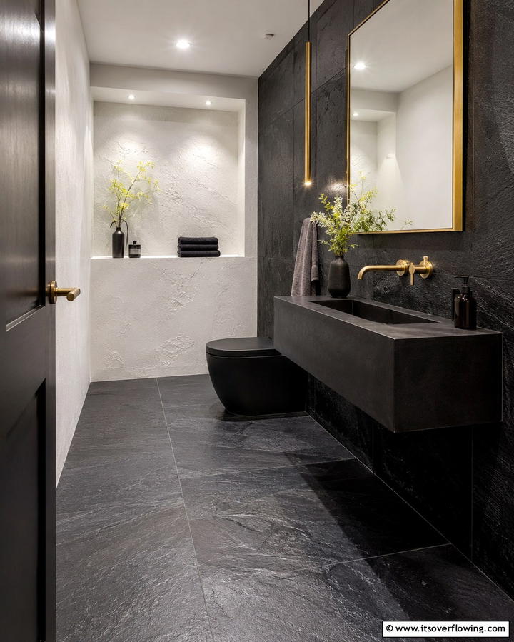Dark Slate Tiles for a Dramatic Effect - 30 Powder Room Floor Tile Ideas for Elegant Small Spaces