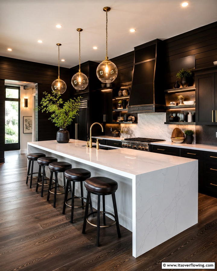 Dark Stained Shiplap with a Light Quartz Island - 20 Kitchen Shiplap Ideas with Kitchen Island Designs