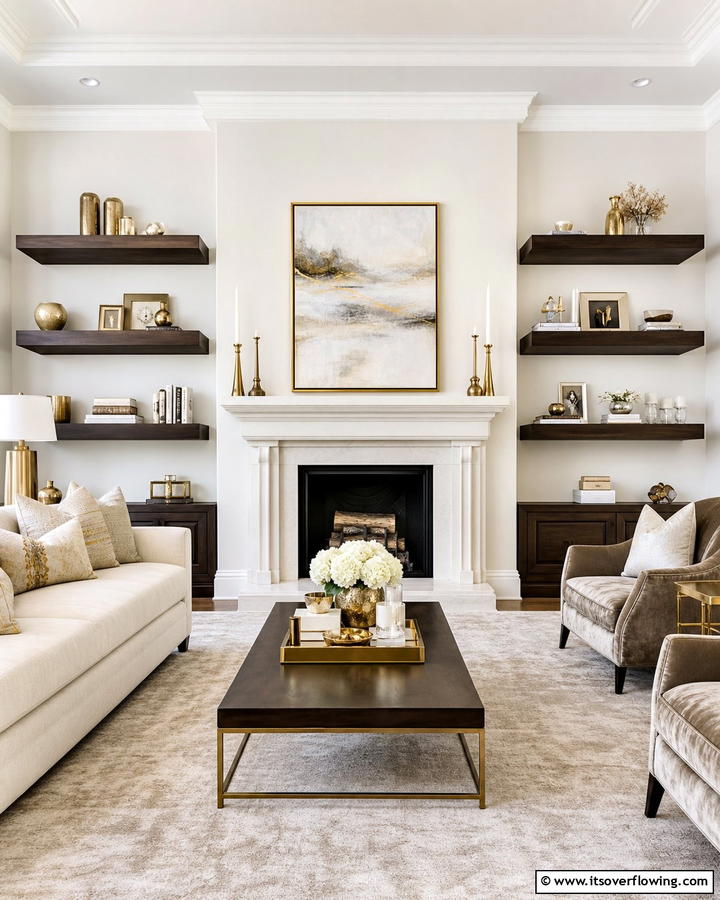 Dark Stained Wood Floating Shelves for Contrast - 20 Fireplace Floating Shelves Design Ideas for Cozy Homes