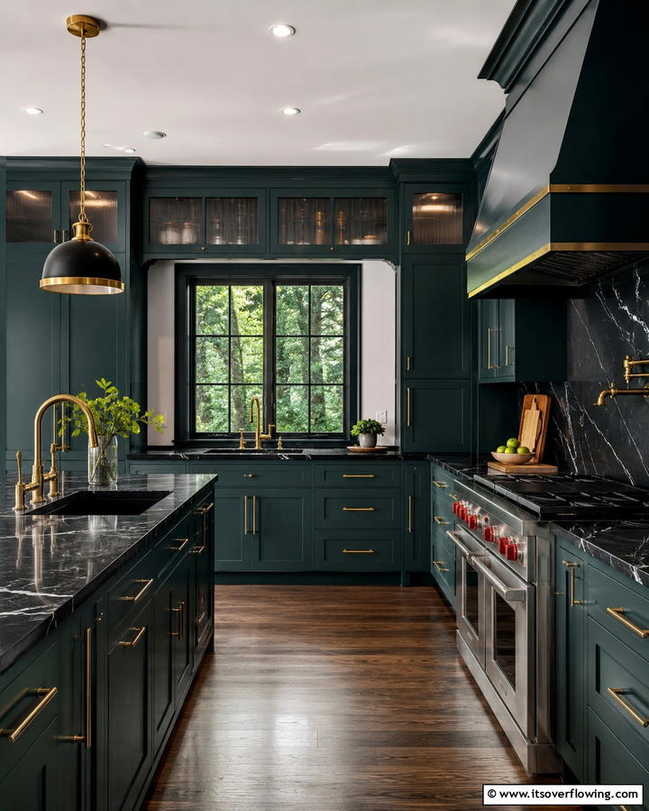 Dark Teal Cabinets with Black Marble Countertops - 30 Green Kitchen Cabinets & Black Countertops Pairing Ideas