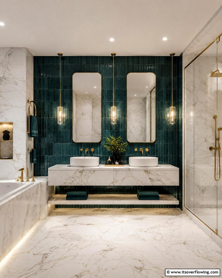 Dark Teal Statement Walls - 30 Green Bathroom Tile Design Ideas for a Refreshing Oasis