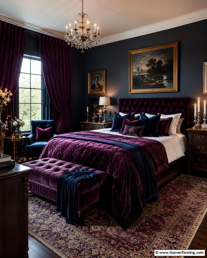 Dark Velvet Textiles - 30 Dark Academia Bedroom Designs for a Scholarly Aesthetic