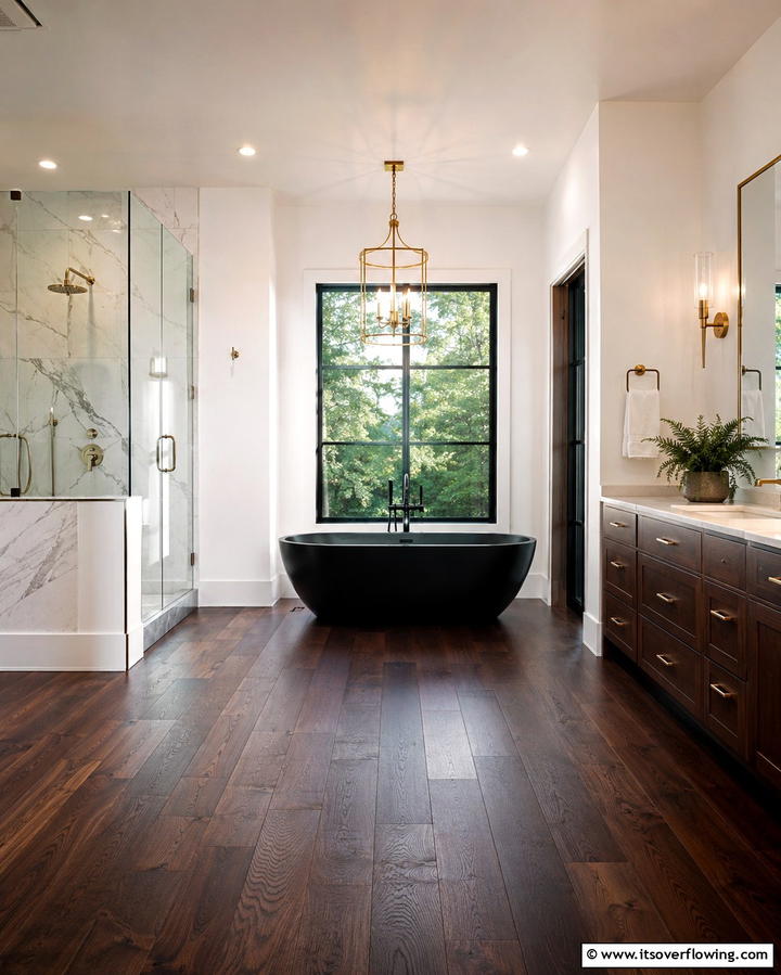 Dark Walnut for Dramatic Contrast - 30 Wood Floor Ideas for Bathrooms- Warmth Meets Function