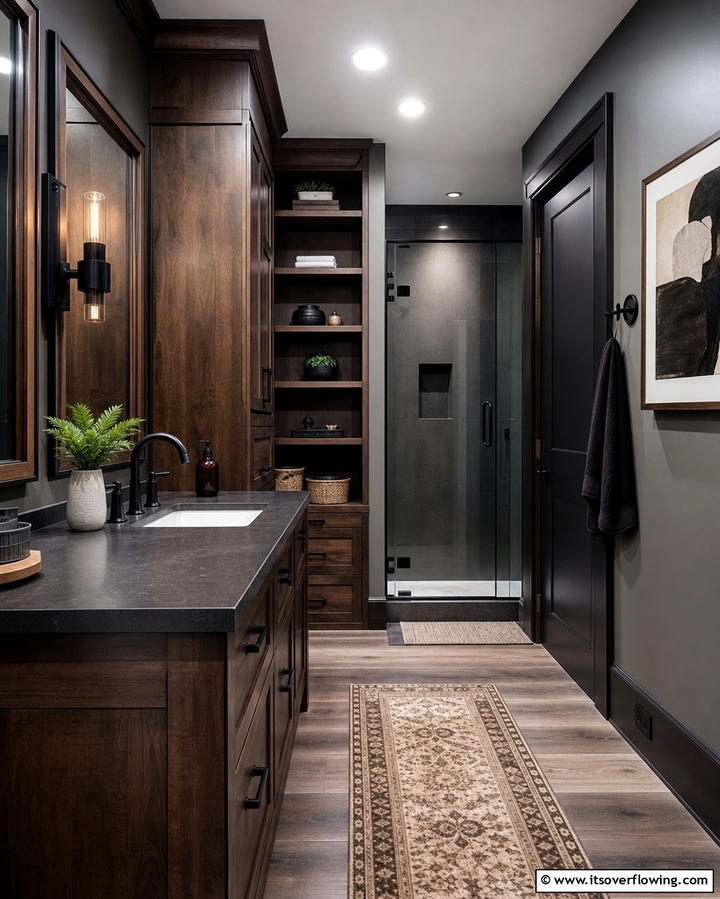 Dark Wood Accents - 25 Dark Bathroom Ideas for Moody and Chic Spaces