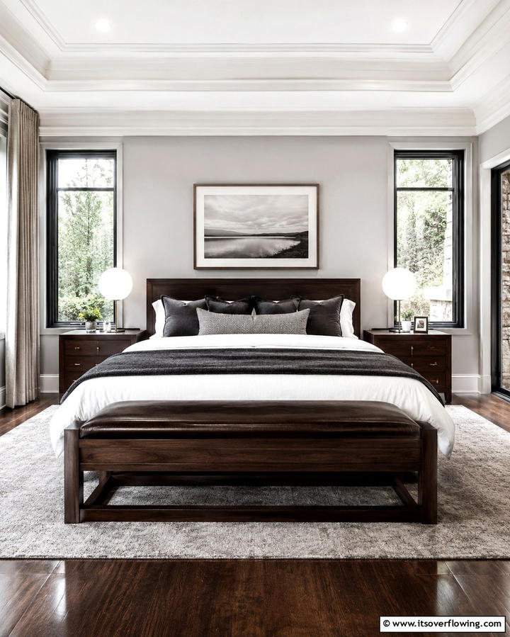 Dark Wood Benches for Added Seating - 25 Dark Wood Bedroom Ideas for a Sophisticated Look