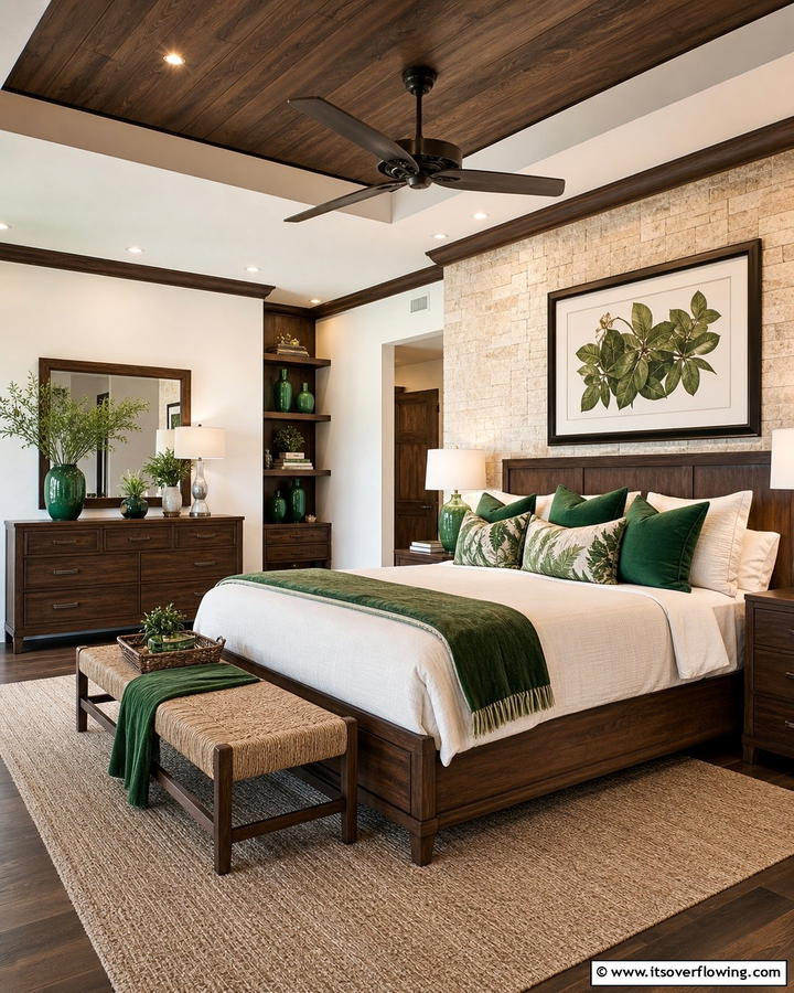 Dark Wood Elements with Green Accents - 20 Black and Green Bedroom Design Ideas for a Bold Look
